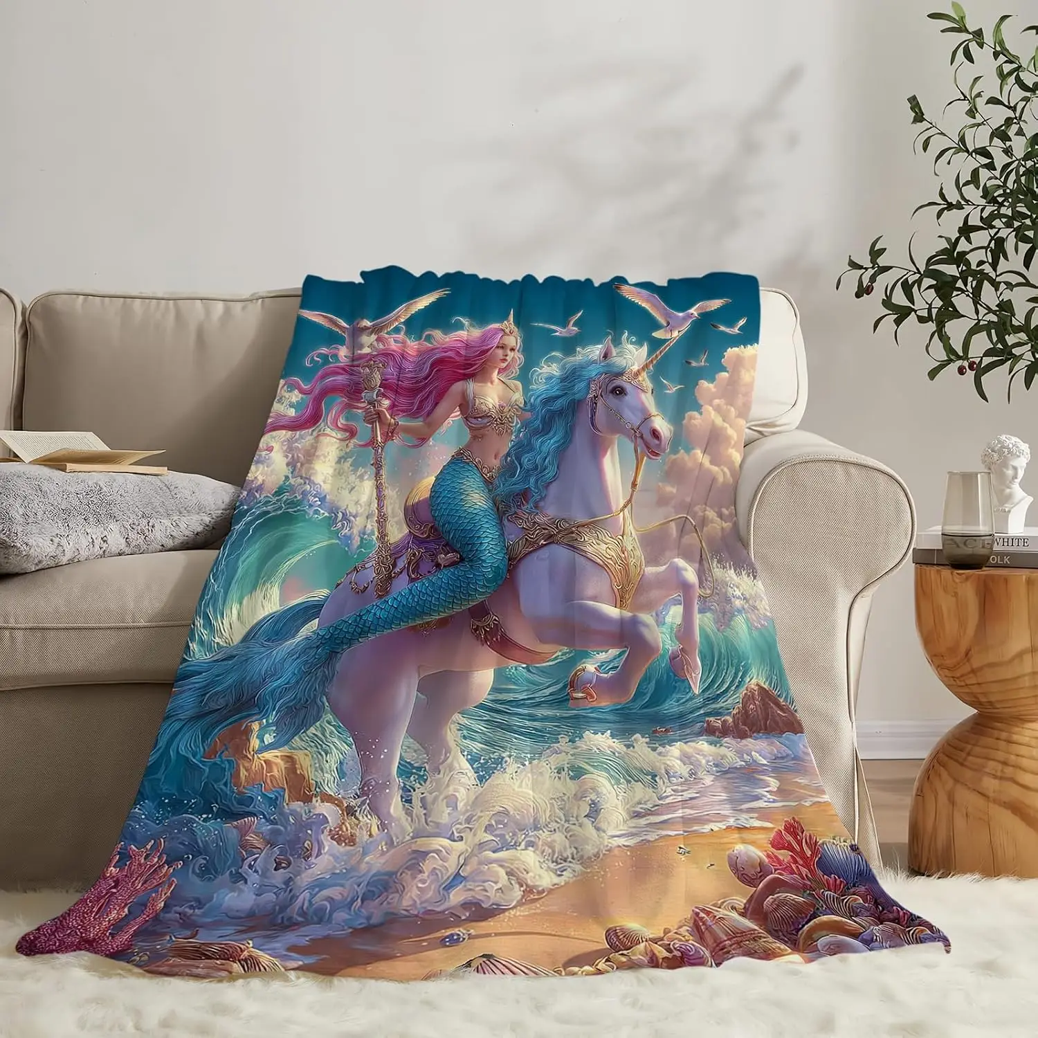 Premium Mermaid Unicorn Fantasy Flannel Throw Blanket Ocean Mythological Art Cozy Beach Bedspread Gift Decor Soft Washable Luxur
