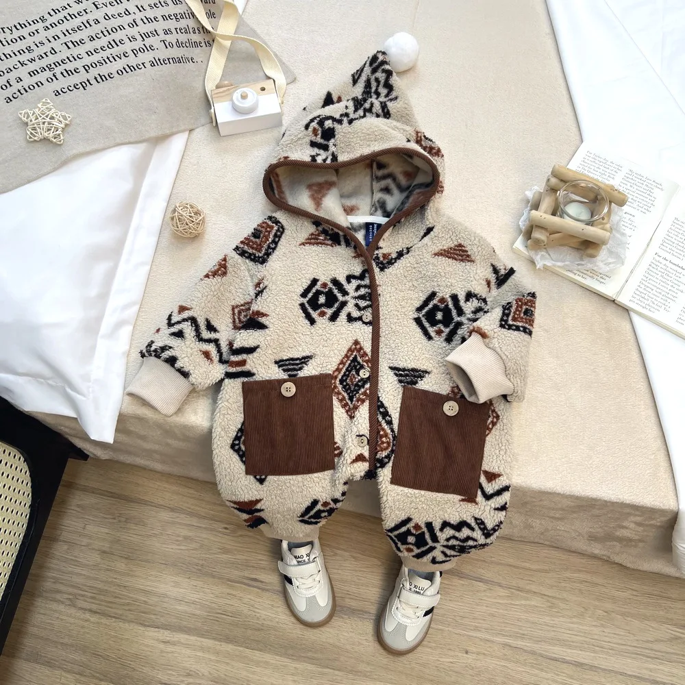 2026 Winter New Baby Warm Hooded Romper Newborn Lambswool Jumpsuit Infant Boy Girl Plus Velvet Thick Clothes 0-24M