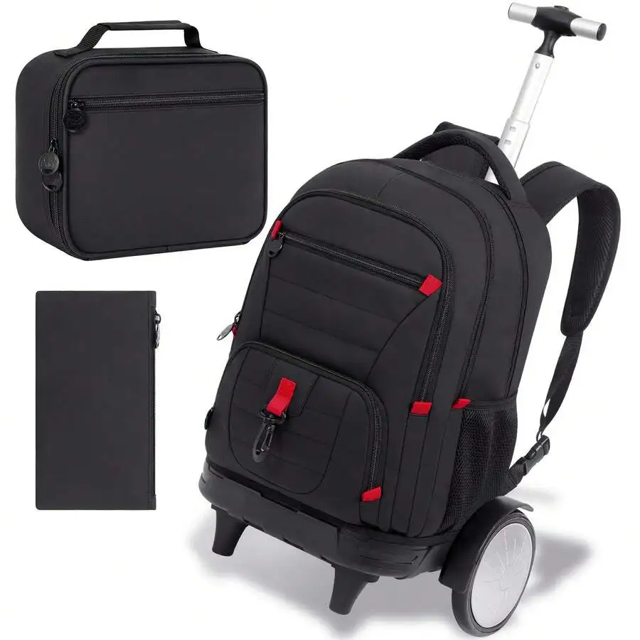 3Pcs Men & Boys Rolling Backpack With Bigger Wheels, Extra-Large Wheeled Bookbag With Lunch Box, Water Resistant Roller Luggage(