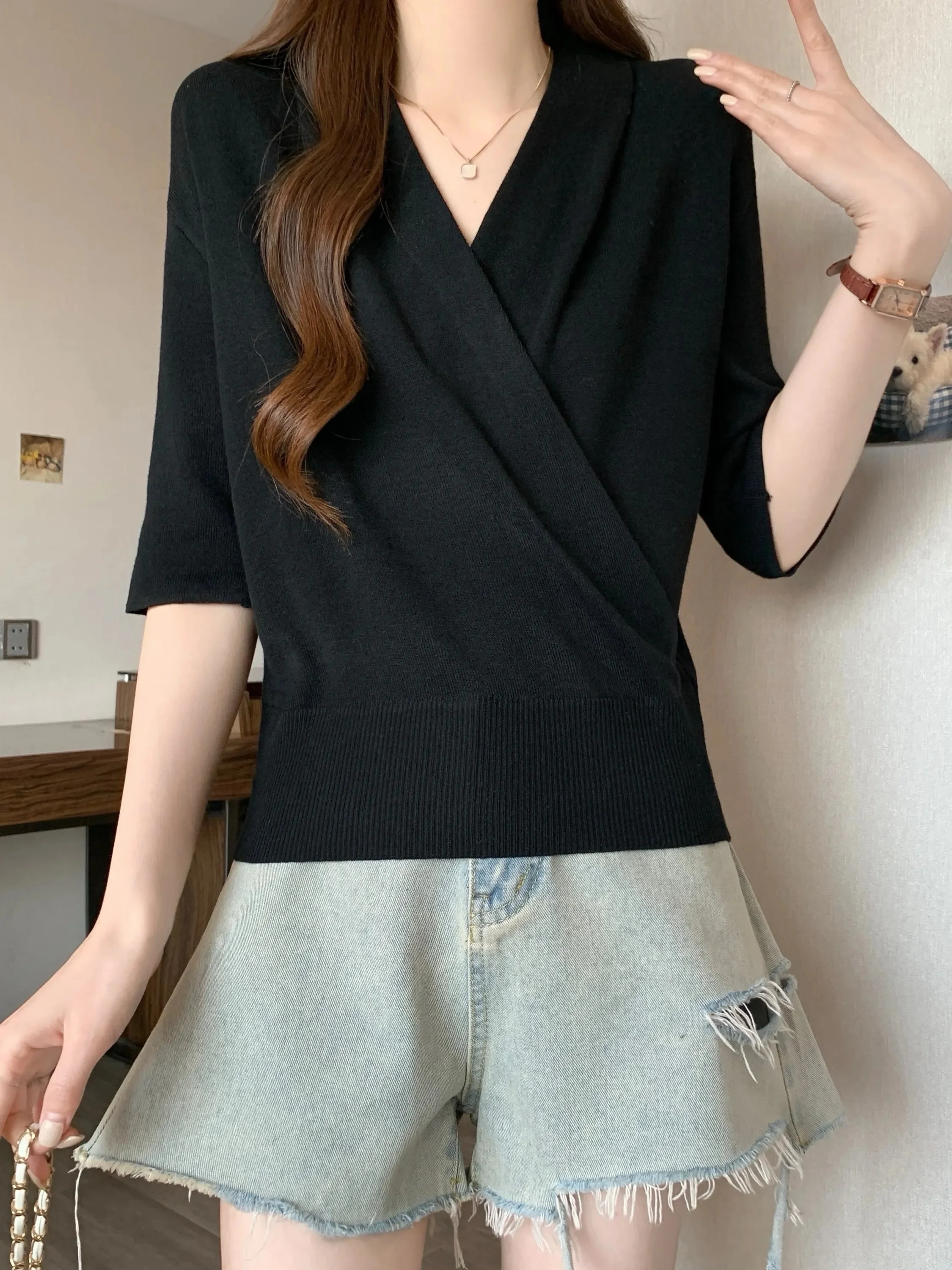Slimming V-Neck Cross-Over Short Sleeve T-Shirt Women's Summer Base Layer Top plus Size Irregular Length Half Sleeve Shirt