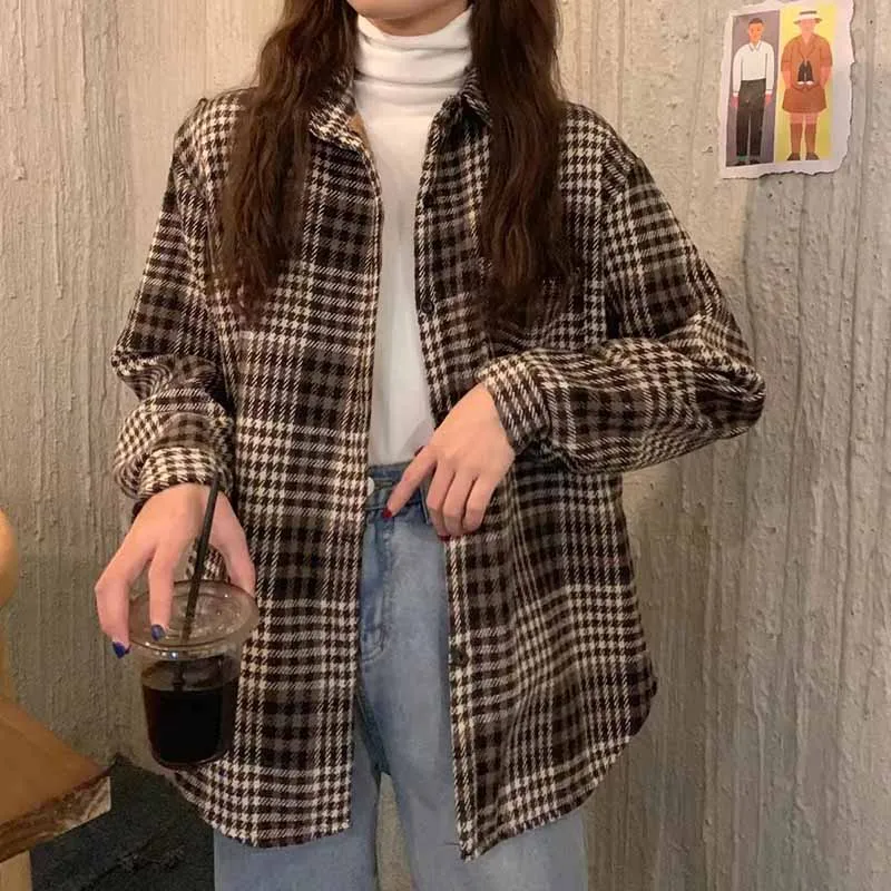 

Women Autumn Winter Mid Length Version Frosted Thickened Woolen Cloth Blouse Female Loose Fit New Hong Kong Flavor Shirt Coat