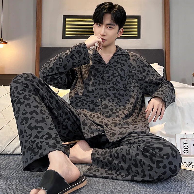 Men's Long Sleeve Sleepwear Set Autumn Winter Thermal German Velvet Spring Summer Leopard Print Home Clothes Outdoor Wearable