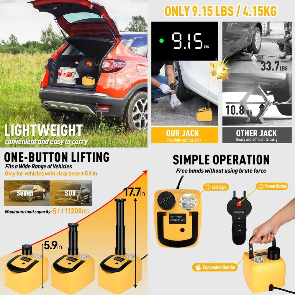 

12V Portable 5-Ton Electric Hydraulic Car Jack Kit with LED Light, 17.7 Lift Range for Auto, SUV, Sedan, and Truck Repairs