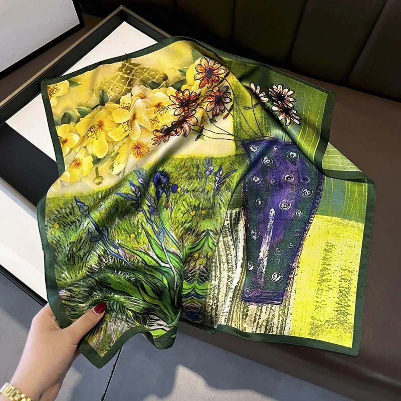 

Original Luxury Brands Silk Scarves Women Autumn Green Oil Panting Print Square Scarf Ladies Small Square Bandana 53X53cm
