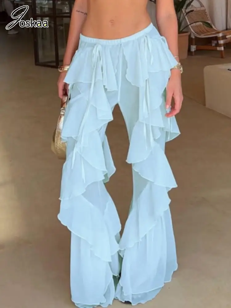 Joskaa 2025 Fall Women's Irregular Tierred Flare Pants Sexy See Through High Waist Ruffle Trousers Female Bottoms Y2K Streetwear