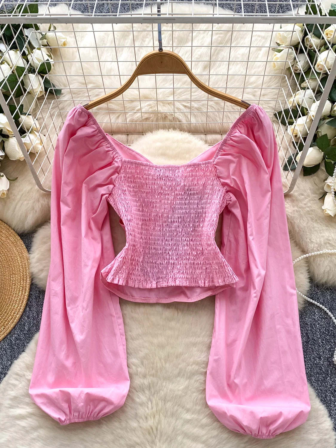 Ele One-Soulder Bubble-Slee Top Damen Cross-Ne Leicht Herbst Faionable Atmungsaktive Polyesterfaser Lange S...