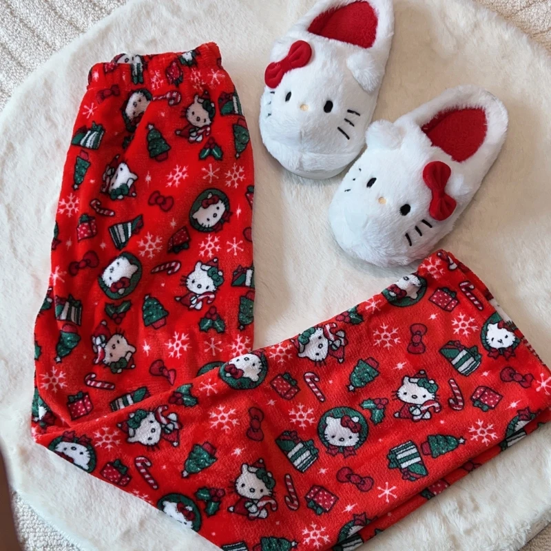 

Sanrio Hello Kitty Pajamas Pants Black Pink Anime Flannel Women Warm Woolen White Christmas Loungewear Pant Autumn Gril Trousers