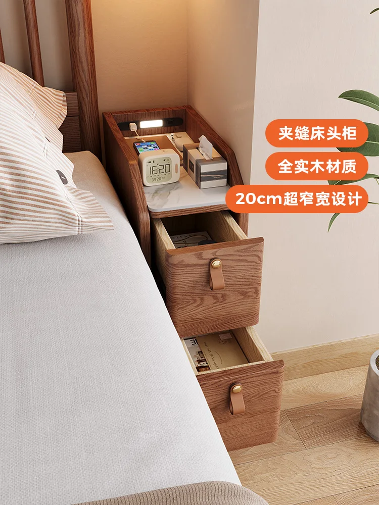 rock slab bedside table small ultra-narrow crack 20cm40 mini 30 solid wood narrow cabinet charging with lamp integrated