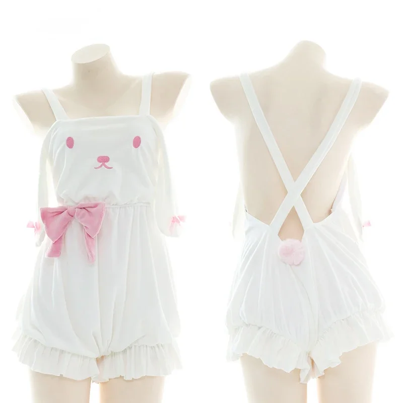 Lovely Velvet Women Bunny Sleepwear Backless Kawaii Pajama Cute Bandage Underwear Anime Long Ear Cosplay Costumes Plush Bow New