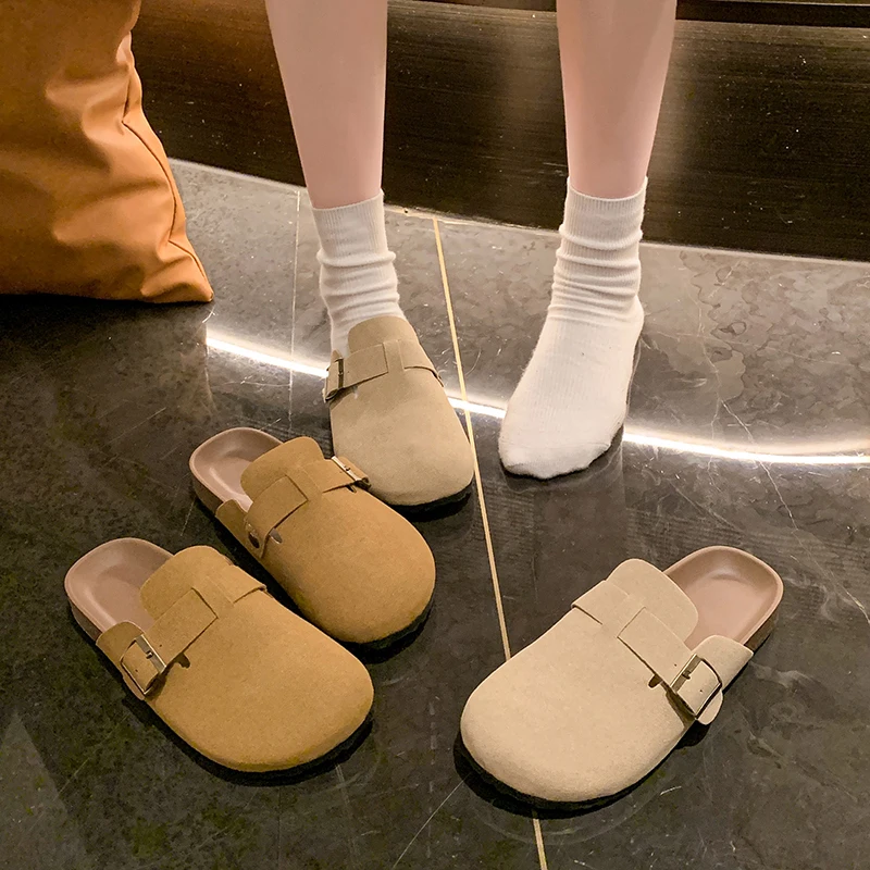 Women Bokken Slippers Spring Autumn Fashion Flat Shoes Non-slip Comfortable Anti-elastic Skin Buckle Decoration Women's Shoes