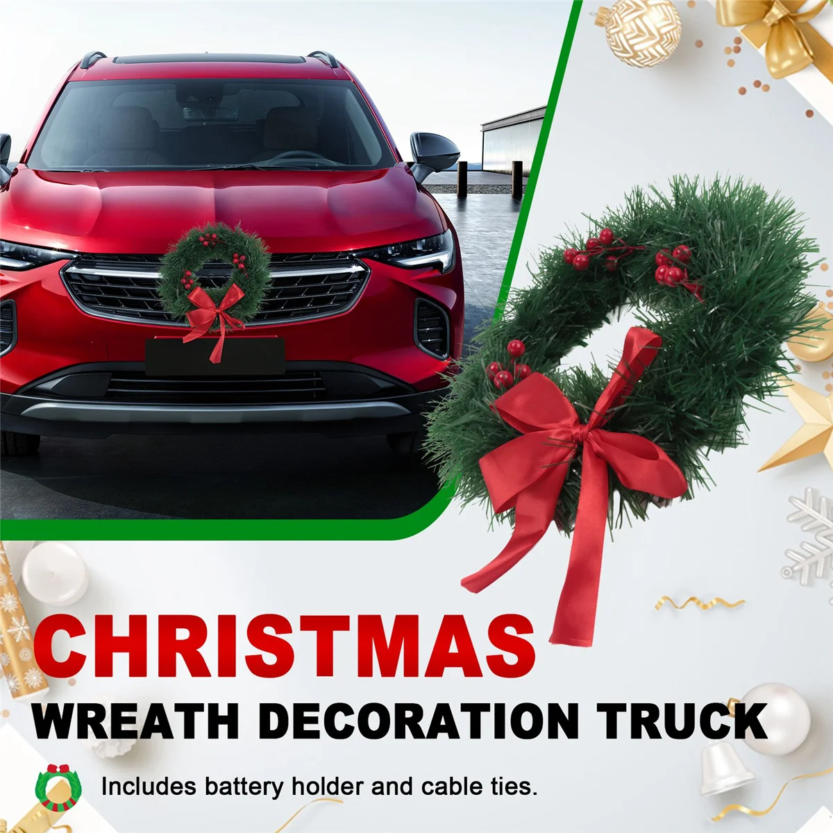 

Car Christmas Wreath for Car Truck SUV LED Light Decoration Grill Decoration Car All Weather Winter Holiday Wreath-A51K