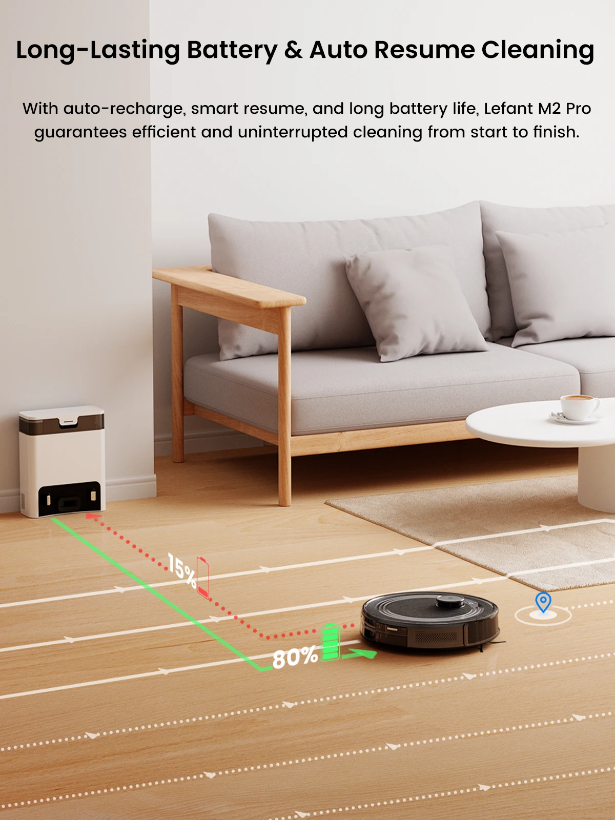 Robô aspirador Lefant com esfregão, autovaciamento, 6000Pa, navegação a laser DTOF, prevenção de obstáculos PSD, controle Wi-Fi/Alexa