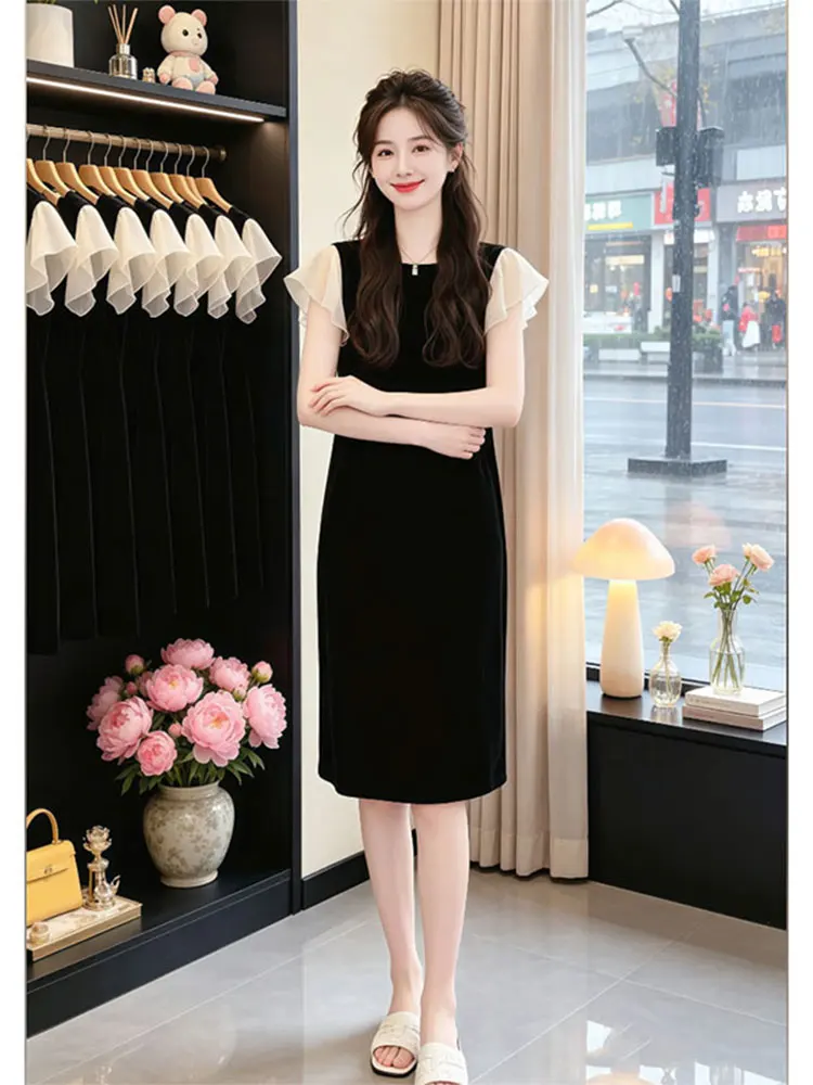 Youthful round Neck Mesh Sleeve Straight Skirt Unique Elegant Summer Dress Casual High Waist Polyester Fiber A-Line Dress