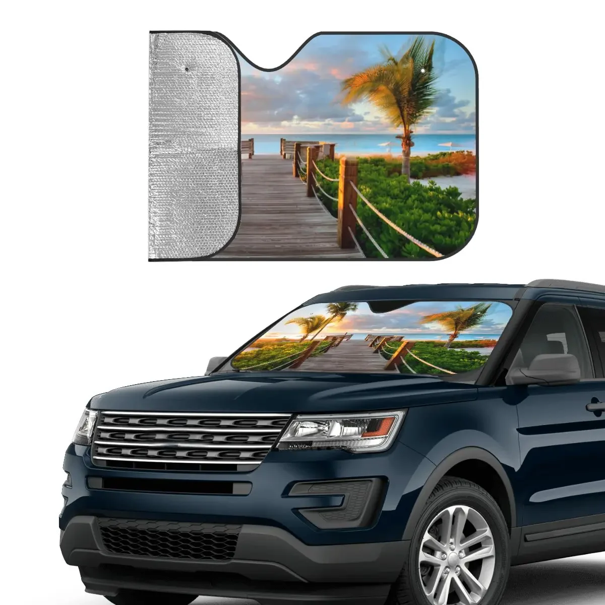 Clouds Sky Sea Ocean Palms Windshield Sunshade Summer Scenery Fold-up Car Front Windshield Sun Visor Blinds Sun Shade Protect