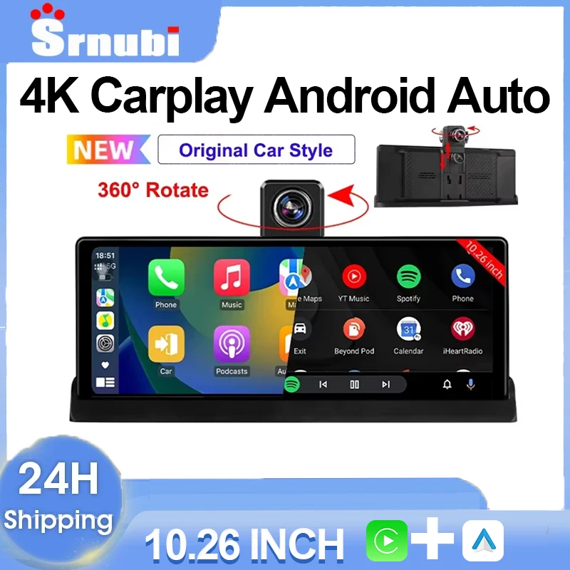 7/10,26" kabelloser Carplay-Bildschirm für Autos, 5G-WLAN-Dashcam 4K Auto-DVR, Android Auto Dual-Lens-GPS-Navigations-Videorekorder, FM-AUX