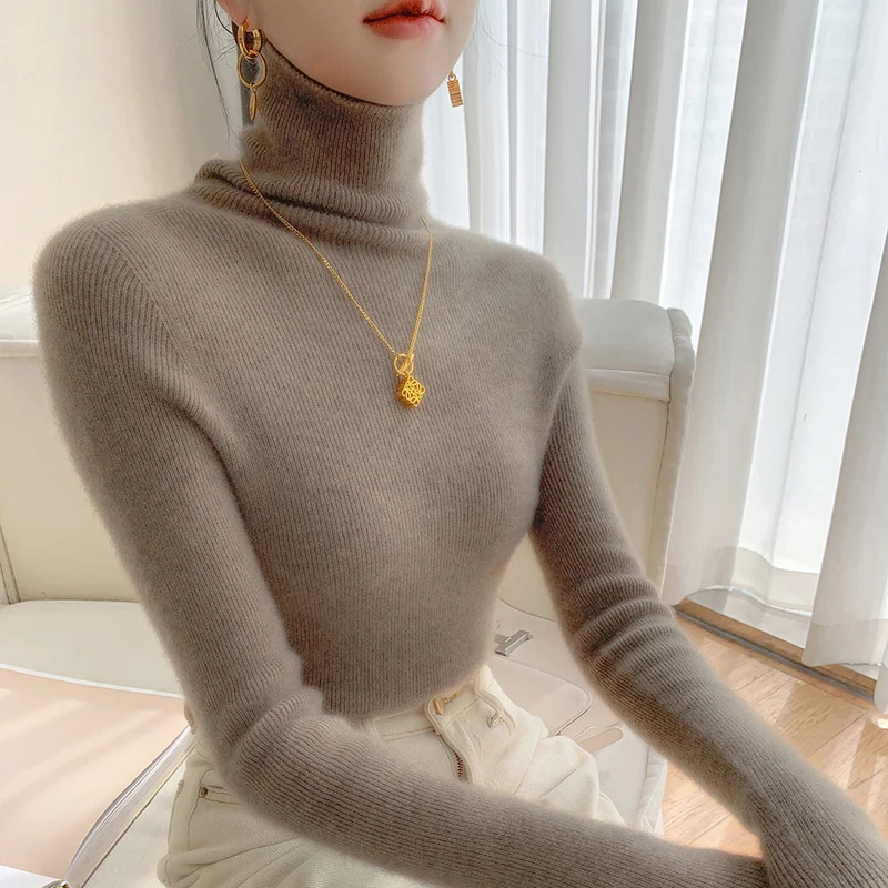 Women's slim-fit 100% pure cashmere turtleneck wool sweater for autumn and winter