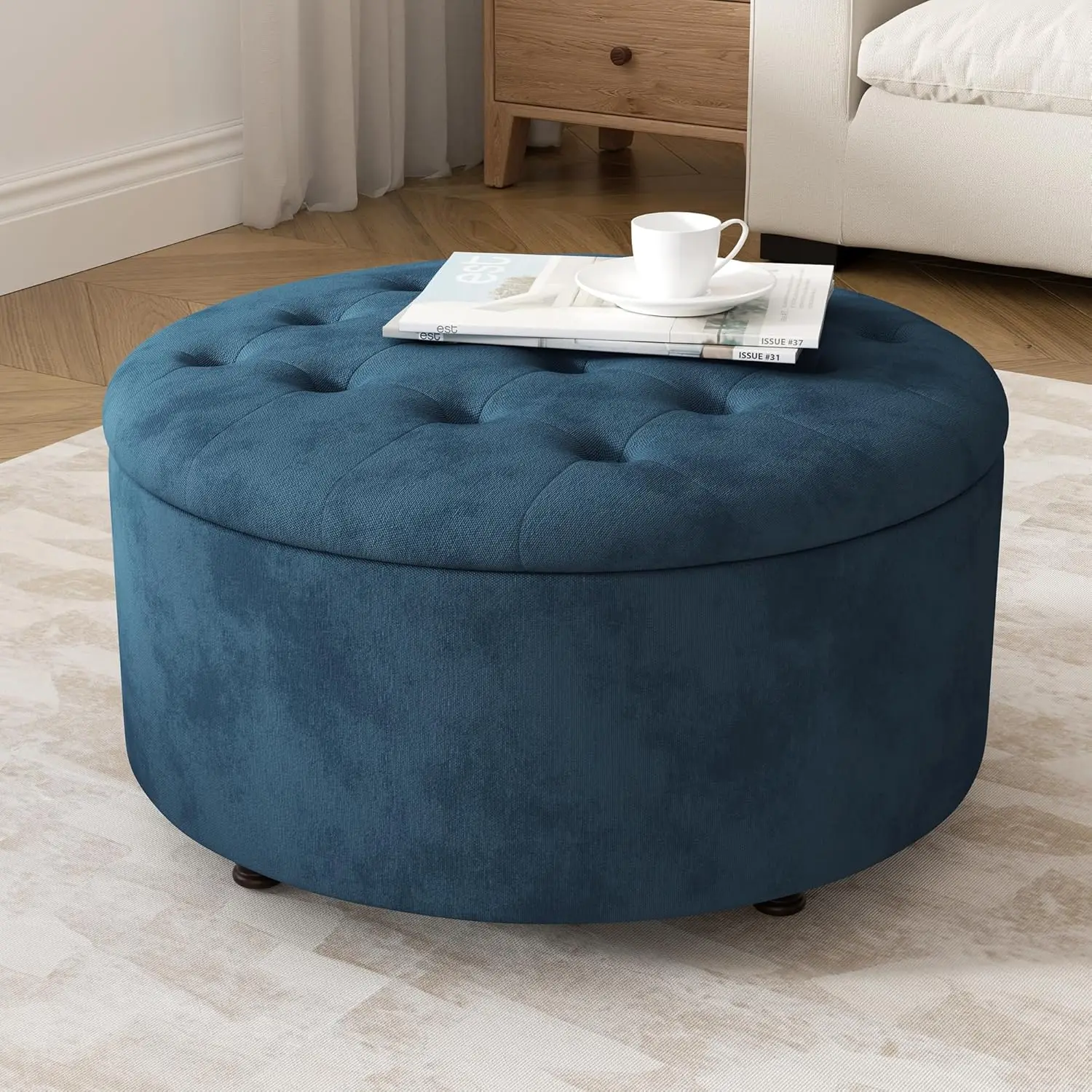

30 Inch Round Storage Ottoman,Modern Blue Tufted Ottomans,Circular Coffee Table With Removable Top,Upholstered Large Ottoman Wit