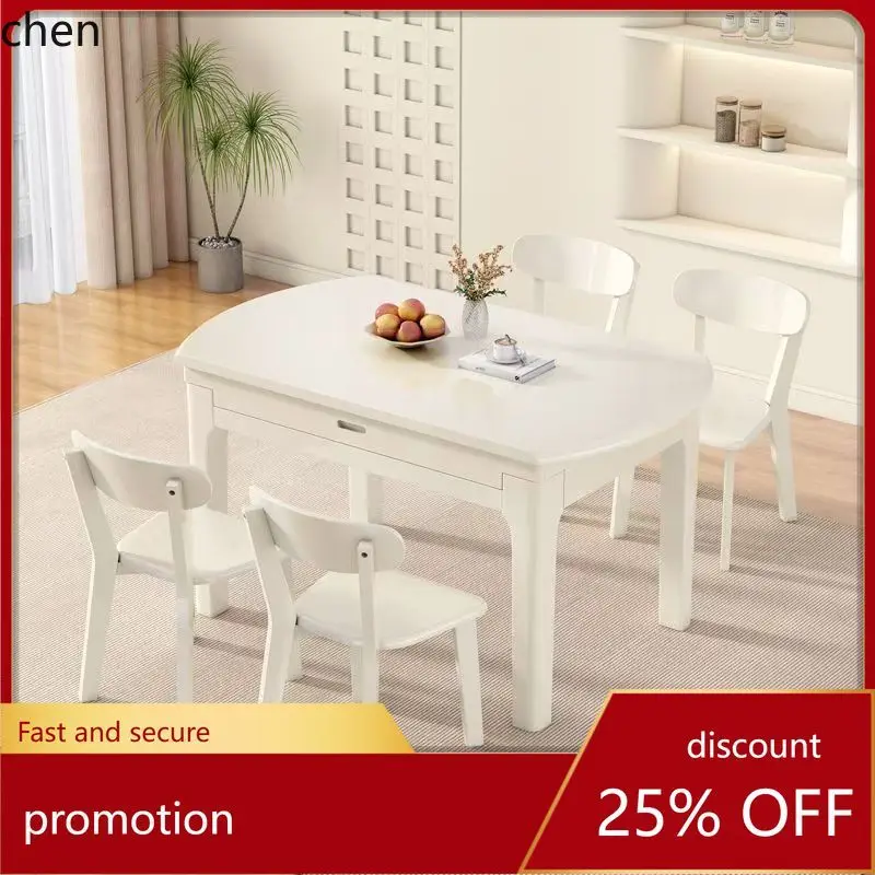 HT Cream Style Solid Wood Dining Table and Chair Set Foldable  Extendable Dining Table