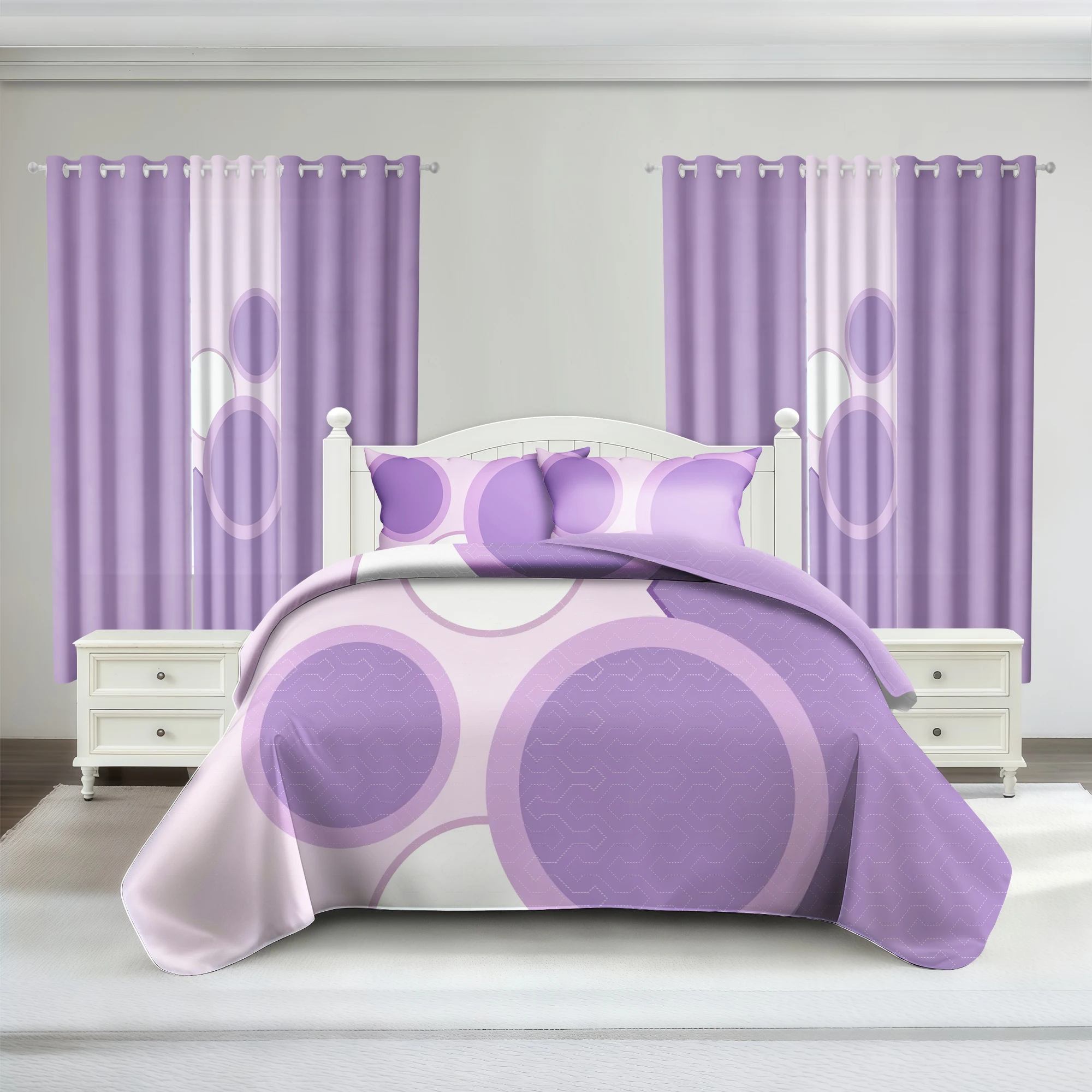 

Purple Polka Dot 9-Piece Bedding Set Super Fiber Bedspread Printed Curtain Solid Color Curtain Pillowcase Home Bedroom Decoratio