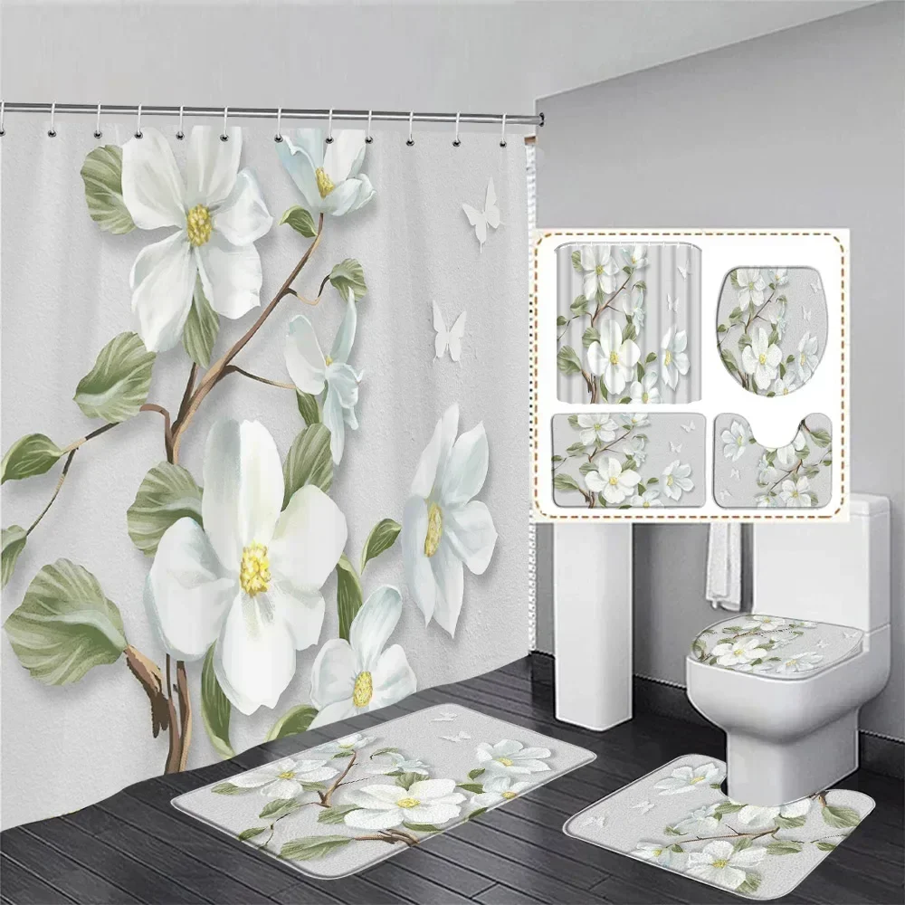 Witte Bloemen Douchegordijn Set Vlinder Groene Bladeren Plant Bloemen Huis Badkamer Decor Antislip Kleed Badmatten Toiletdeksel