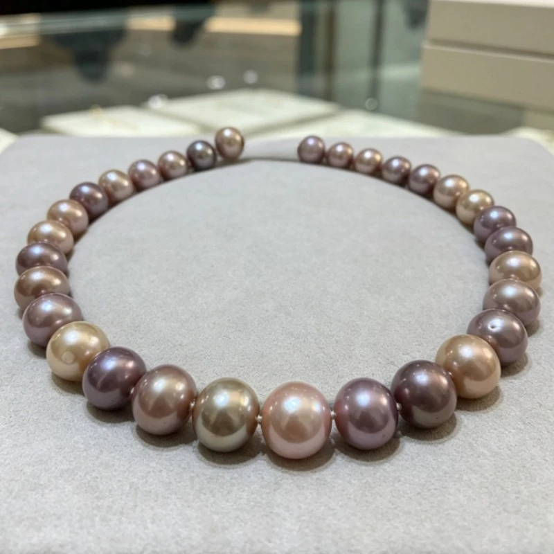 Edison Pearl Necklace, 12-15mm Round Pearls, Purple Champagne Mix, Single Strand, 925 Sterling Silver Wedding Gifts