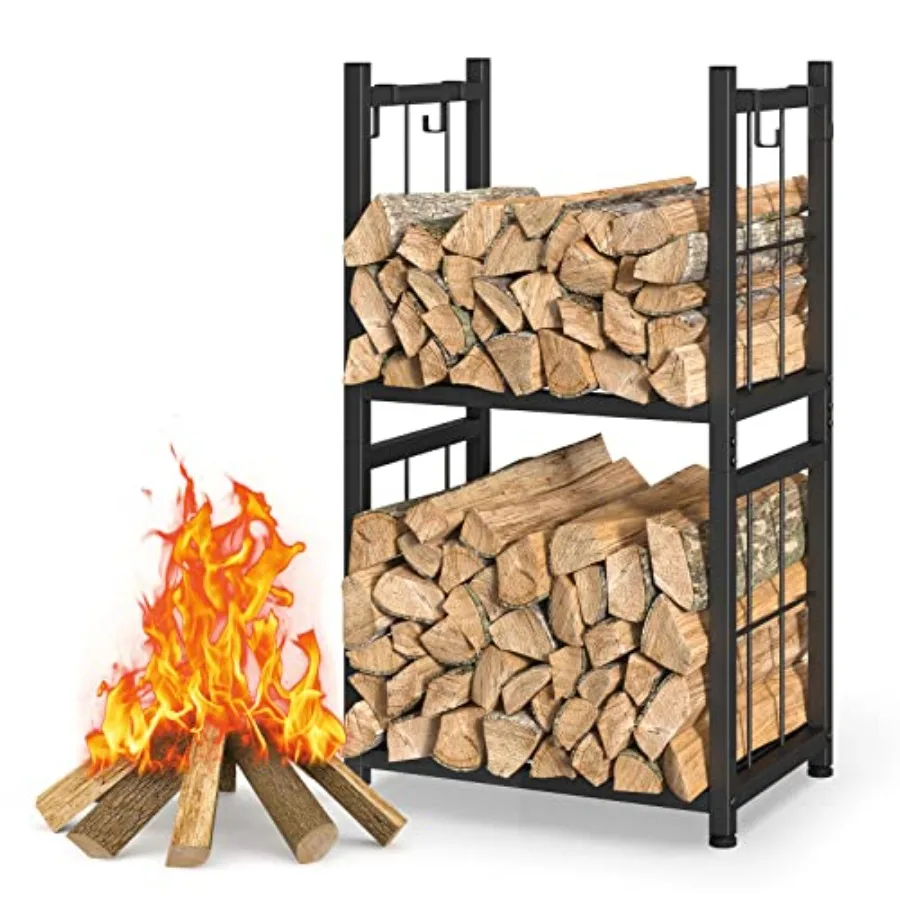

Firewood Rack Indoor Portable 2 Tier Firewood Rack Sturdy and Easy to Assemble Construction Outdoor Firewood Rack with 4 Hooks