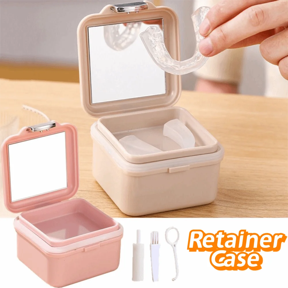 Dustproof 2 in 1 False Teeth Box Double Layer Sealed Orthodontic Retainer Case with Mirror Draining Basket Braces Soaking Cup