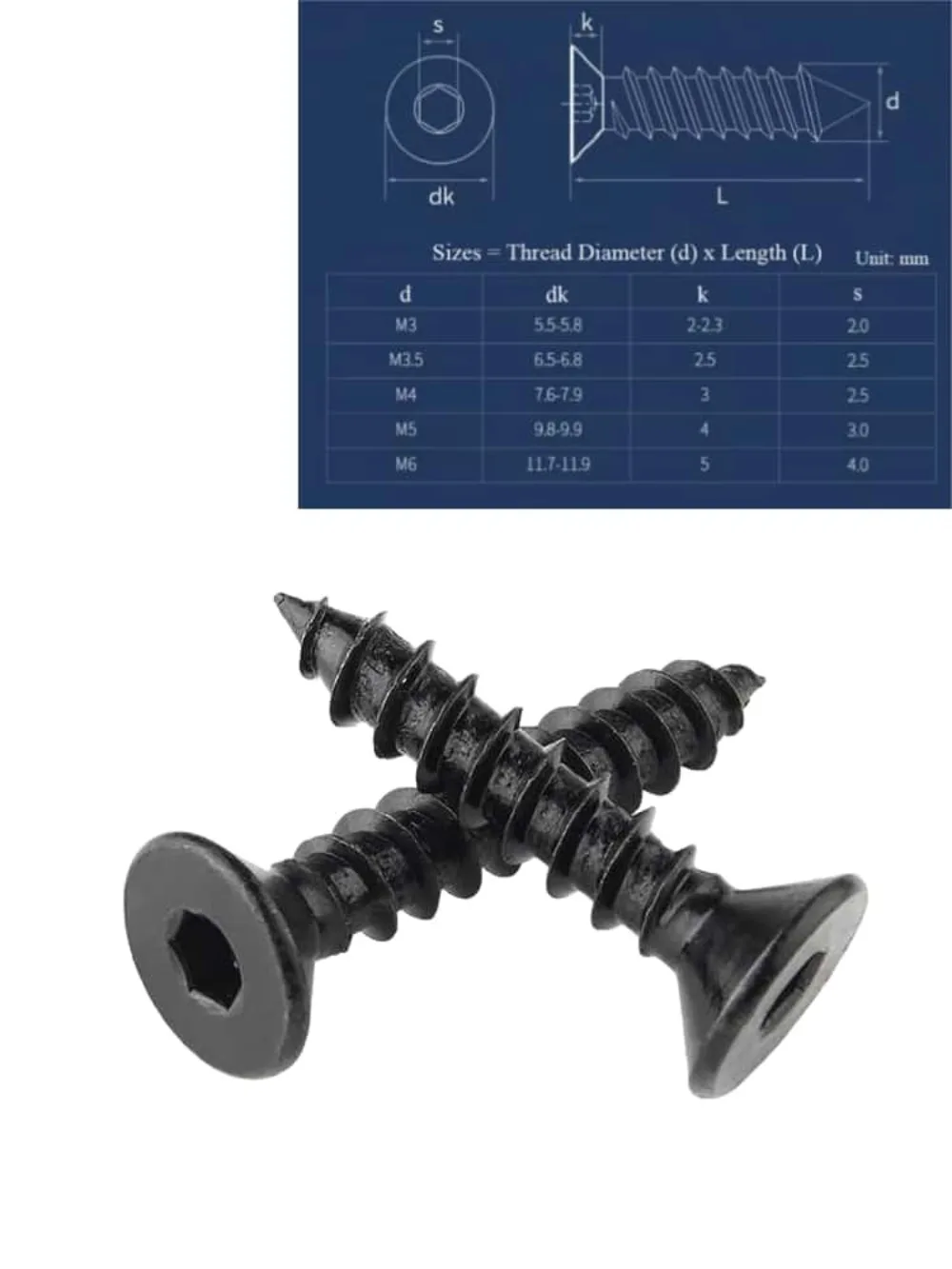 High Strength 8.8 Grade Black Hex Socket Countersunk Self Tapping Screws M3 M3.5 M4 M5 M6 Carbon Steel Wood Screw Fastener