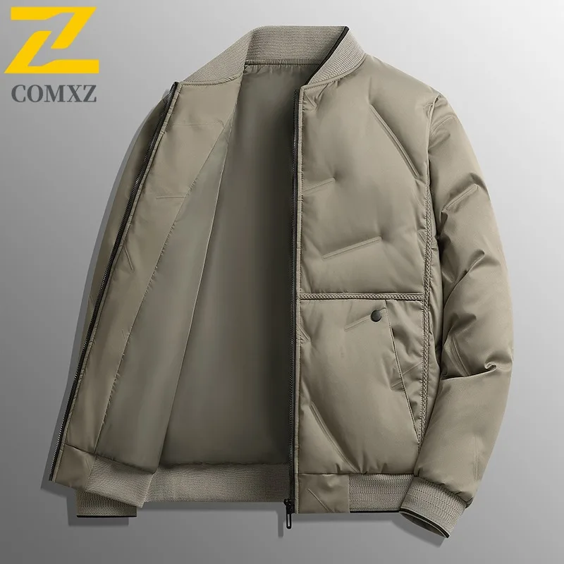 COMXZ Men Middle Aged White Duck Down High Quality Down Jacket Stand Collar wrinkle Casual Business waterproof and windproof Top