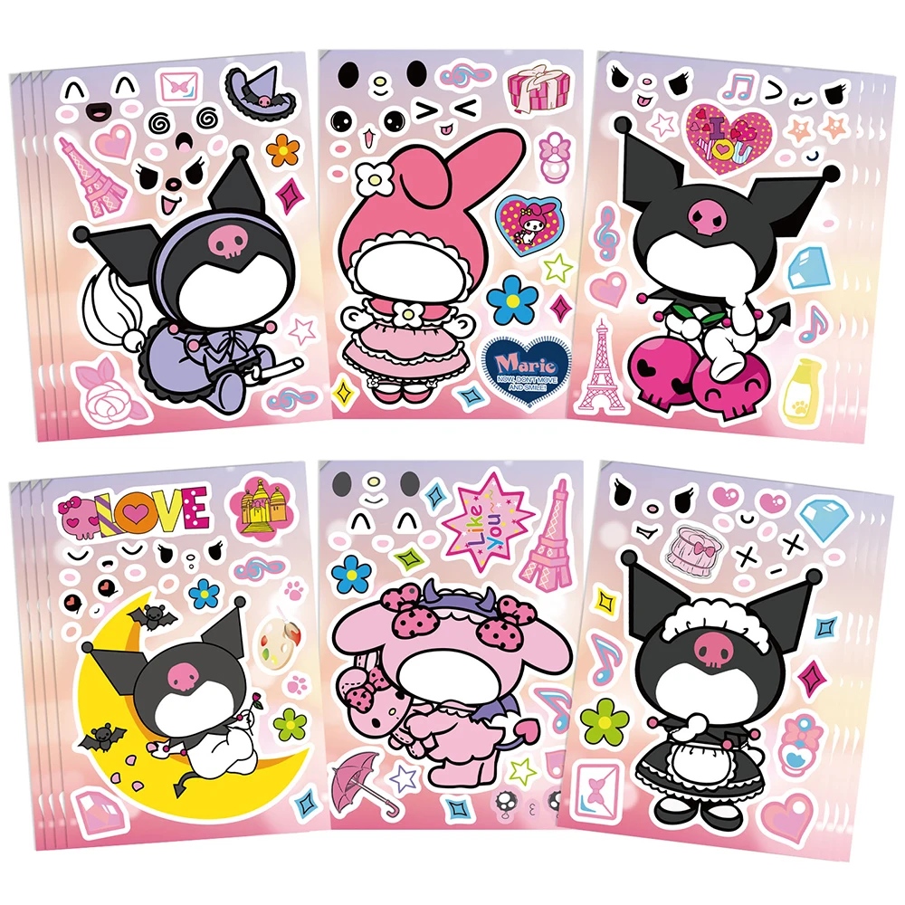 

6/12sheets Sanrio Puzzle Stickers Cute Kuromi Melody Make a Face Game Funny Cartoon DIY Assemble Jigsaw Toys Party Reward Gifts