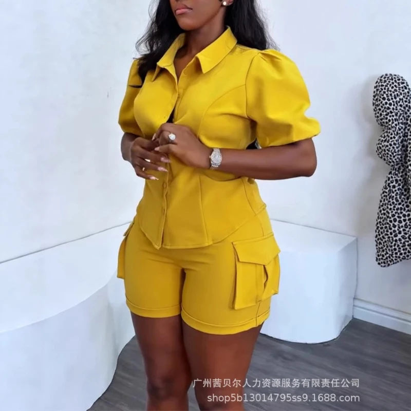 

Shorts Pant Set Women Two Piece Sets Turn Down Collar Short Sleeve Solid Shirt Tops High Waist Pants Y2k Streetwear Elegant