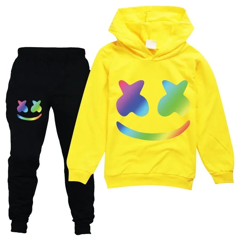 DJ Marshmello Stagione primaverile Autunno Set di abbigliamento Felpe con cappuccio e pantaloni per bambini Tuta da bambino per ragazzi Ragazze adolescenti Abiti casual MN1