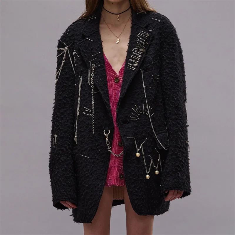 Women's jacket 2025 spring  New outerwears pin chain decoration Women's coats High quality 100% wool women's suit jacket blazers