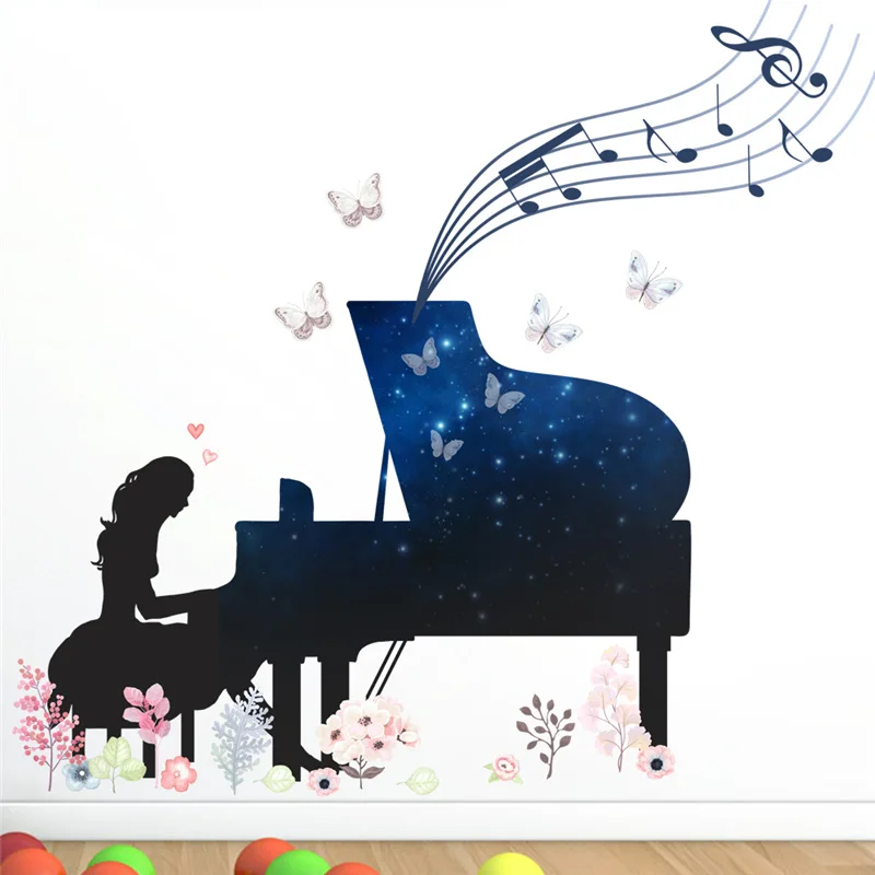 A Girl Playing Piano With Flowers Butterfly Wall Stickers Decal For Kids Room Home Decoration Music Theme Wall Mural Art Poster