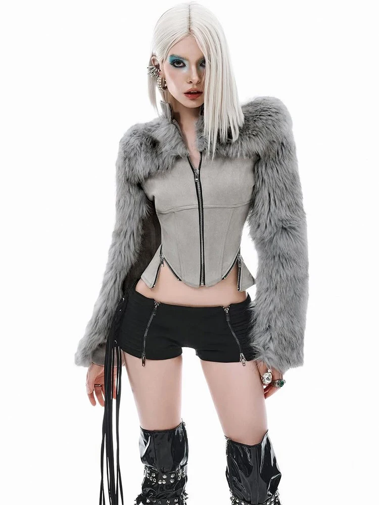 

Weird Puss Fashion Patchwork Jacket Women Furry Flocking Irregular Zip Hipster Punk Hottie Wild Autumn Trend Street Clubwear