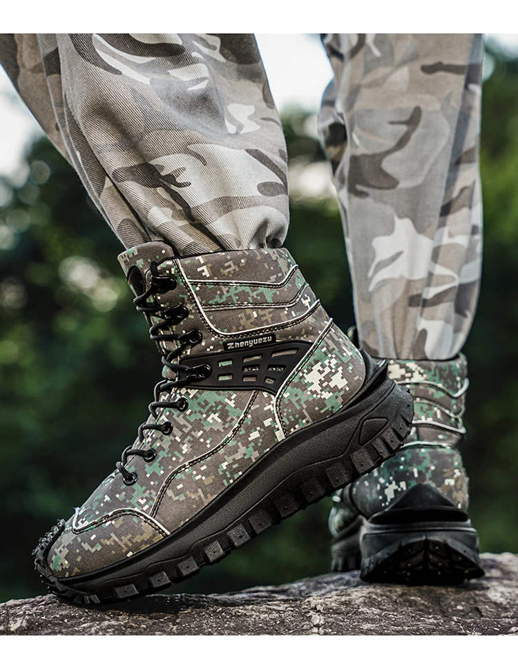 Herbst- und Winter-Herren-High-Top-Stiefel, Freizeitsportschuhe, verstärkte, stoßfeste Zehenpartie, rutschfeste, dick gepolsterte Sohle mit tiefer Struktur, High-Top-Knöchelschutzdesign, geeignet für Bergsteigen, Wandern, Arbeiten im Freien, verschleiß- und reißfest, für Outdoor-Aktivitäten. – Detail 12