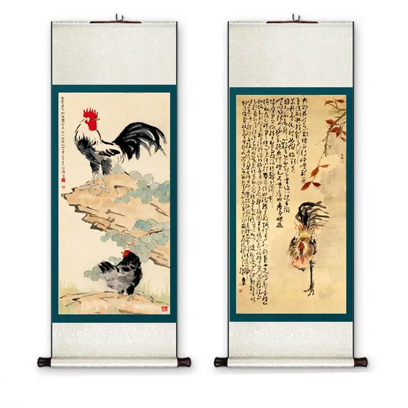 Chinese Rooster Ink Painting Scroll, Traditional Hanging Art, Good Luck Auspicious Wall Decor for Living Room Home Ornament