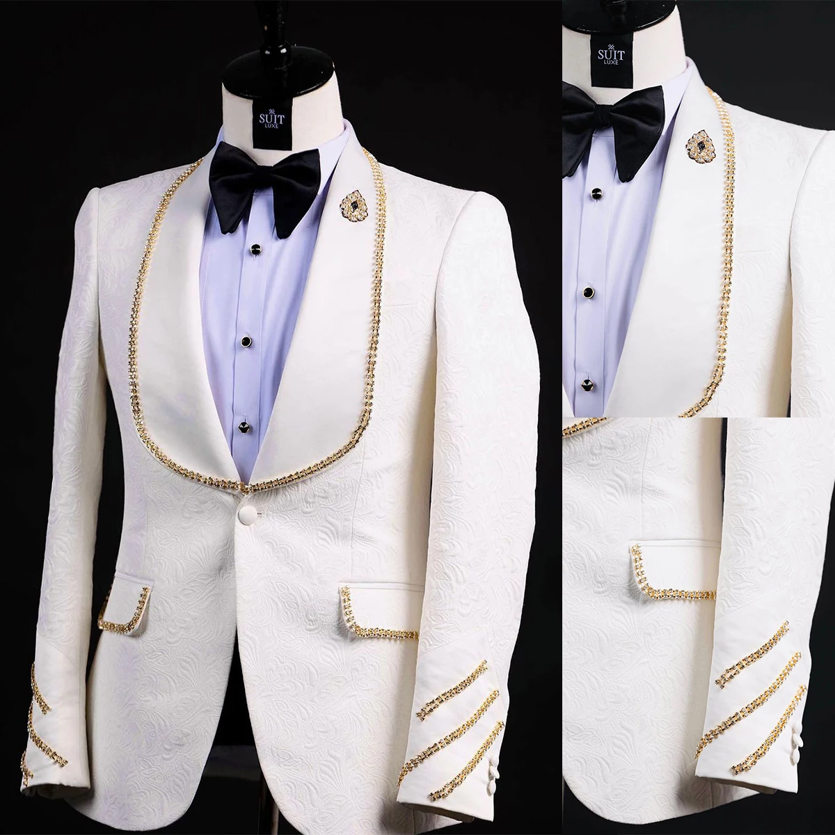 Trajes de boda elegantes para hombres, abrigo, chal, solapa, esmoquin de diamantes de imitación, ajuste Delgado, Jacquard Floral, ropa de novio, chaqueta única