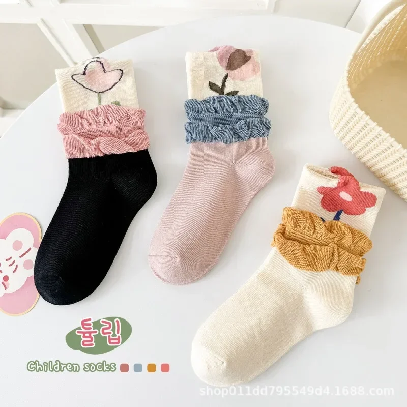

Floral Print Kawaii Women Socks Harajuku Vintage Streetwear Crew Socks Sweet Girl Ruffles Socks 3D Korean Style Japanese Fashion