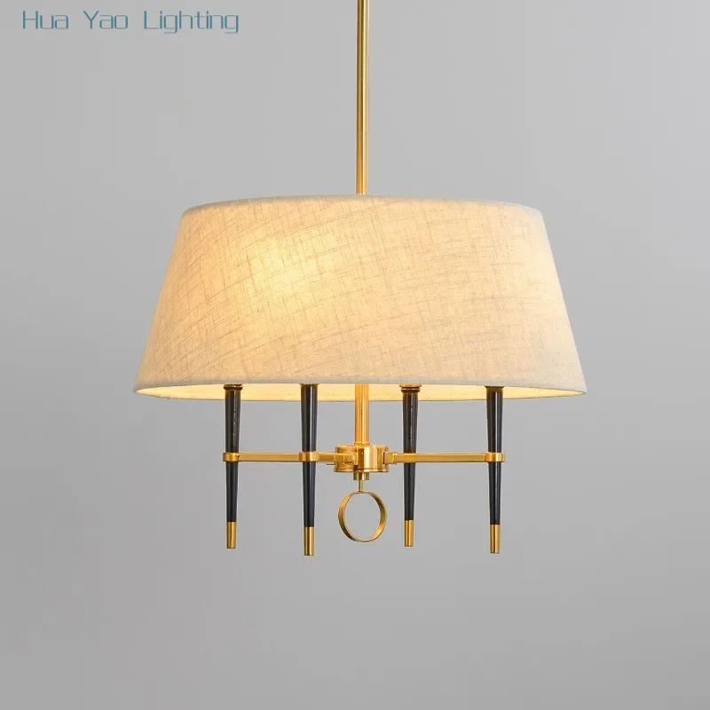 New Light Brown Circular Cloth Cover Pendant Lamp Living Room Bedroom Chandeliers Copper Pendant Lamp Chinese Style Ceiling Lamp