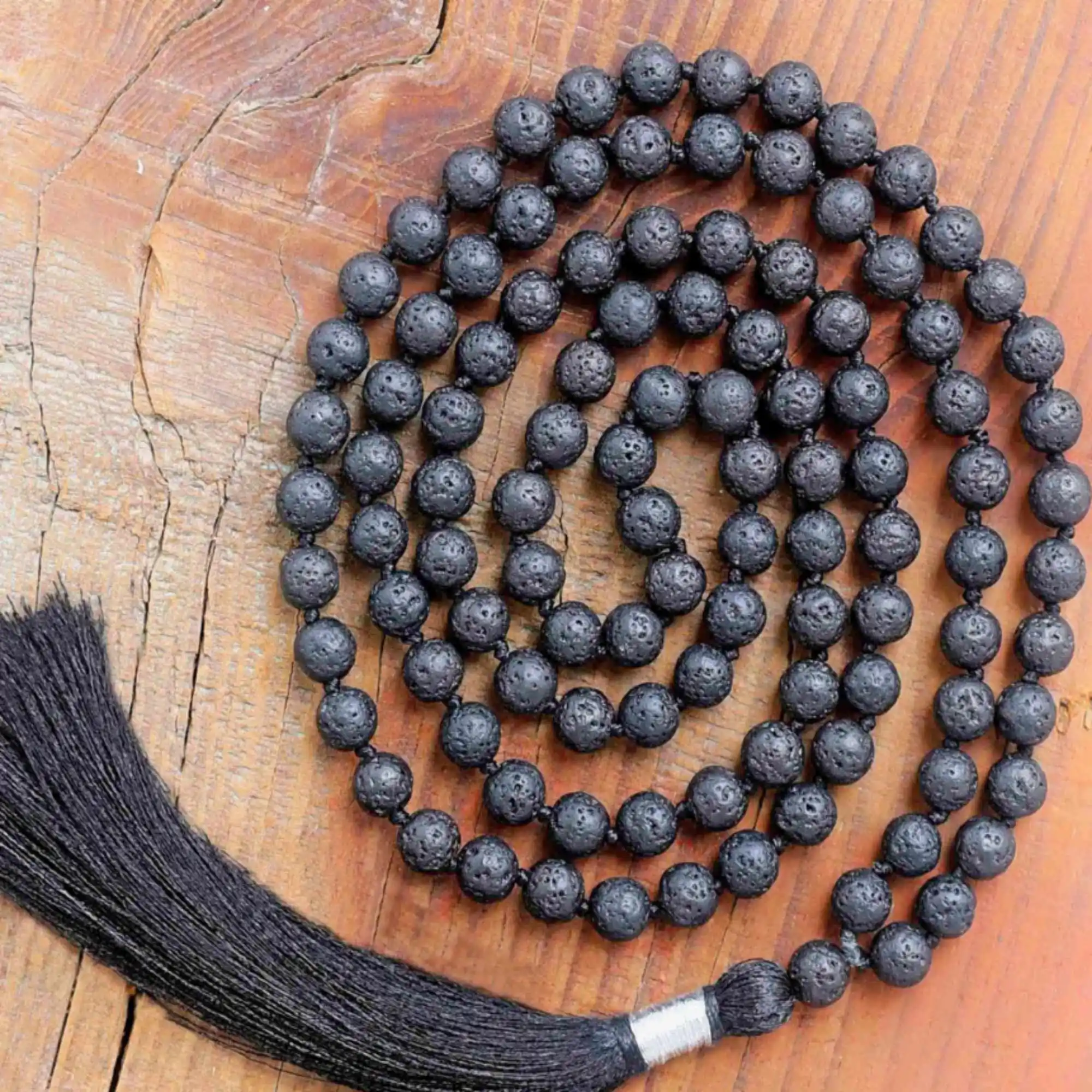 8mm Natural black round volcanic rocks 108 knot necklace Calming Mental Natural stone Bless Stress Dark Matter Restore Prayer