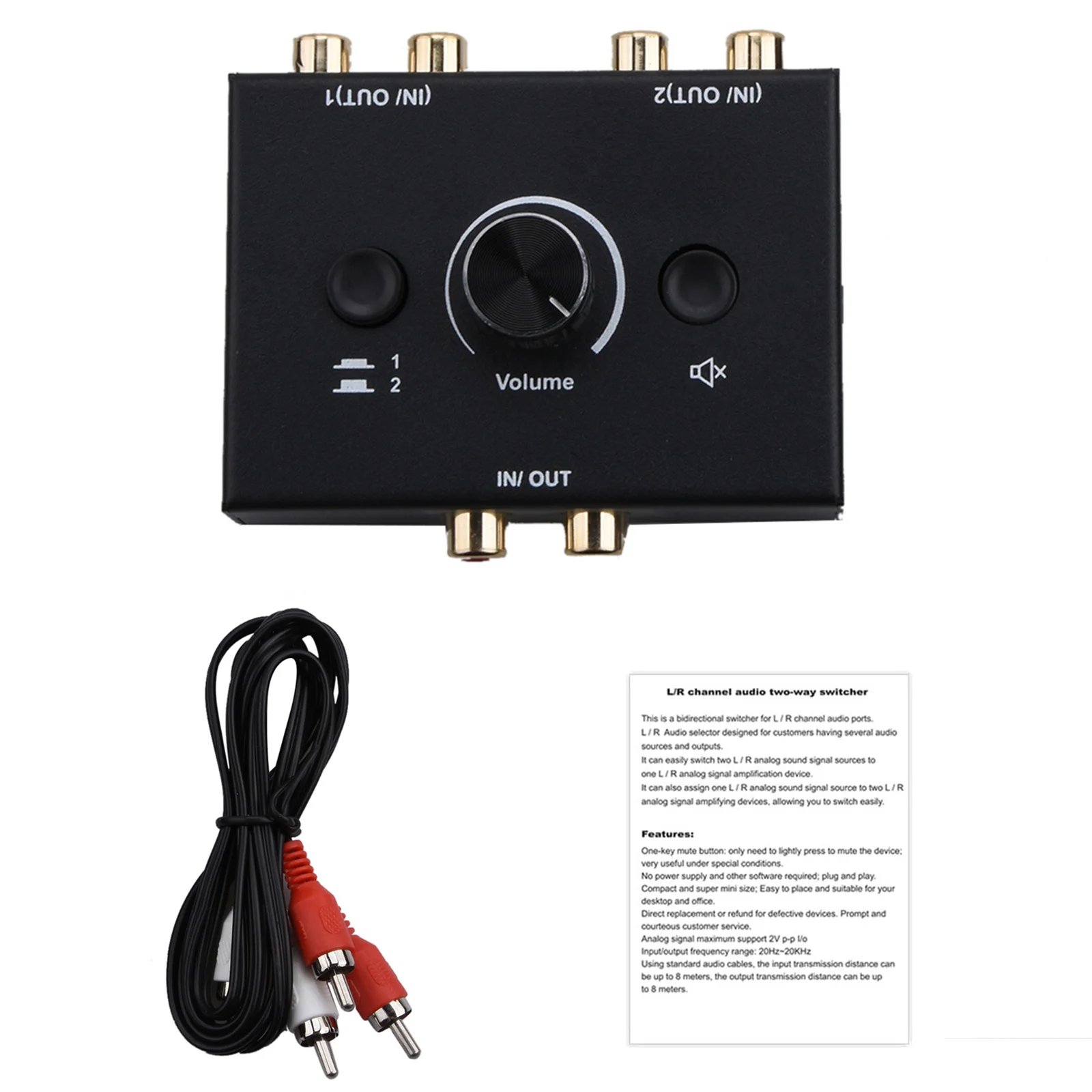 RCA Stereo Audio Switch Splitter, Bi-Directional Switcher, Botão Mute, Suporte Plug and Play, R, L, 2x1, 1x2