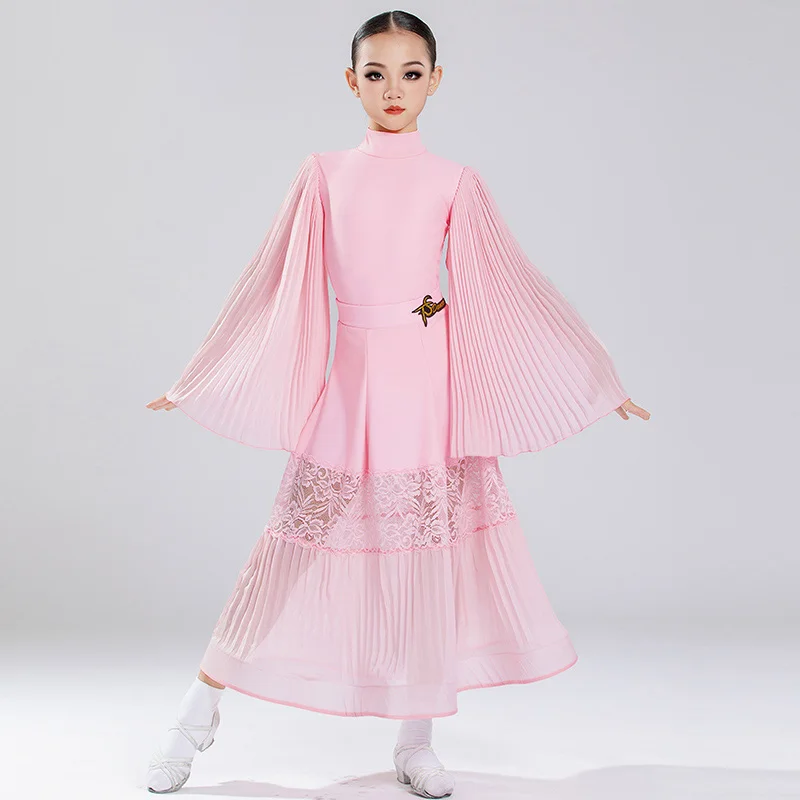 2025 Ballroom Dance Clothing For Girls Lace Mesh Long Sleeve Dress Big Swing Samba Chacha Tango Kids Modern Latin Dress DN21878