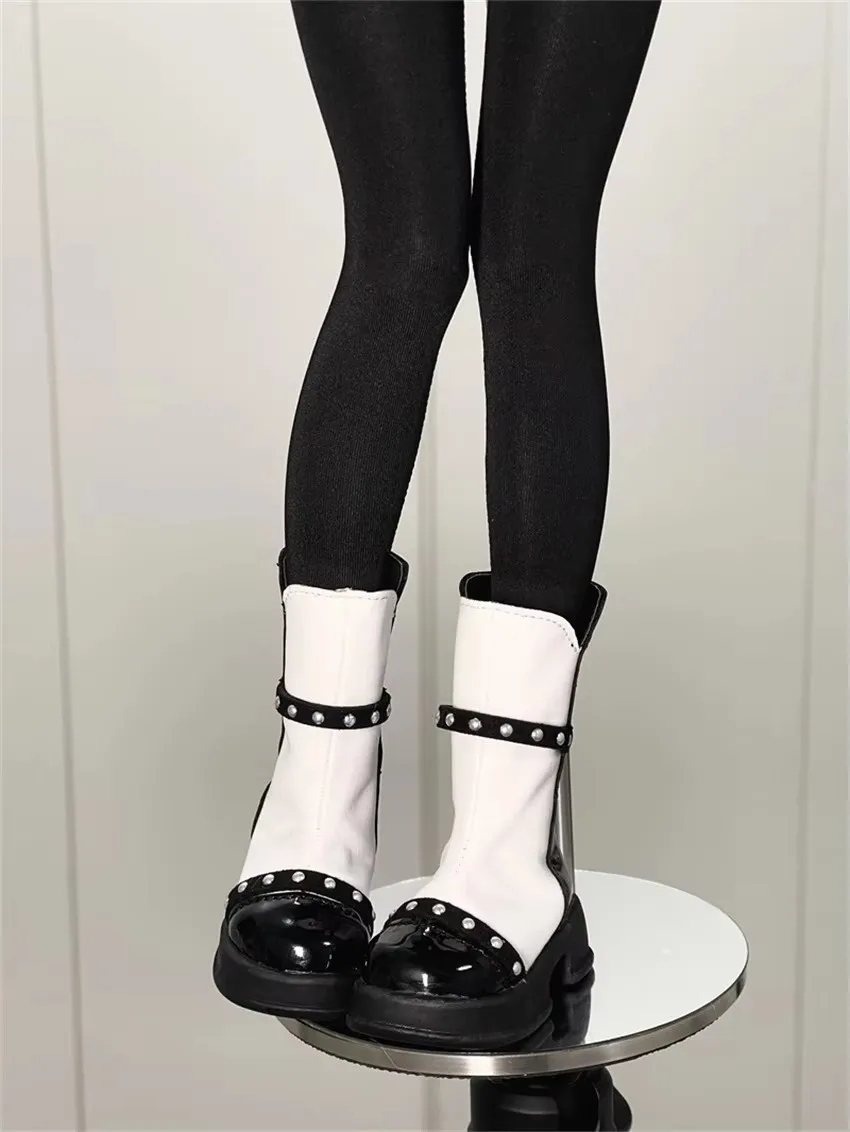 1/4 جولة تو أسود أبيض حذاء من الجلد BJD دمية الأحذية اللعب MSD الفتيات الجلود سميكة سوليد منصة مطابقة اللون إكسسوارات دمي