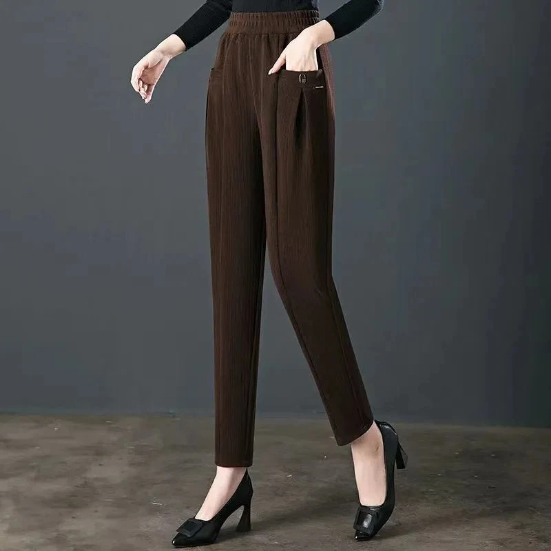 2023 autunno inverno velluto a coste Casual Haren pantaloni donna solido elastico a vita alta tasche Patchwork pantaloni larghi versatili dritti