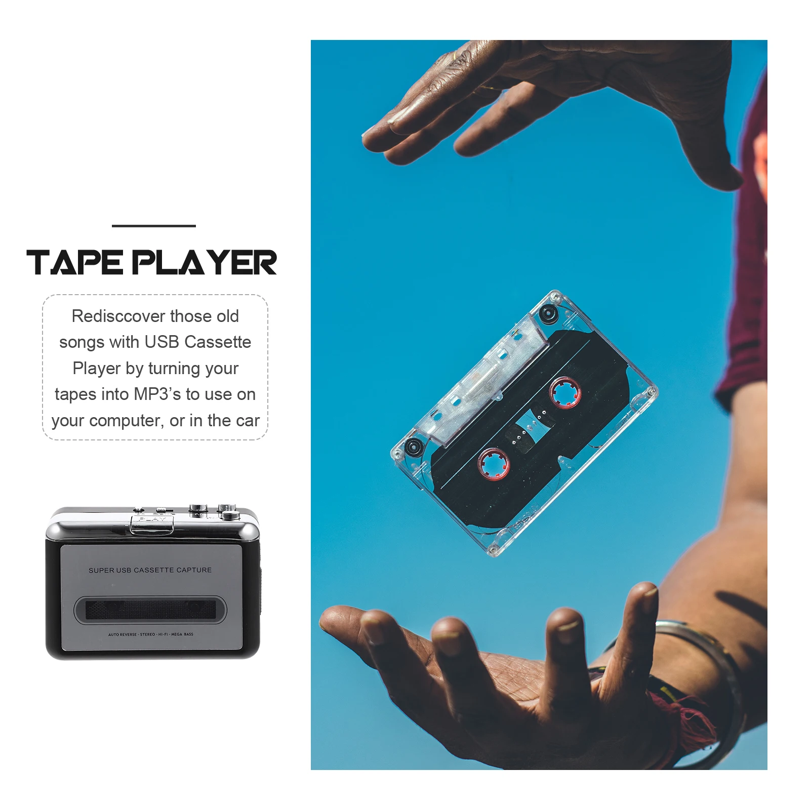 Portable USB Tape Converter Cassette to Mp3 Digital Music Player Or USB Powered Plug and Play Functionality for All