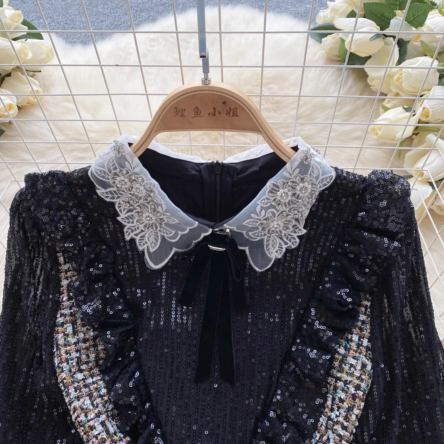 Vintage Small Fragrance Sequined Mesh Embroidery Ruffles Stitching Tweed Dress Women's Lapel Long Sleeve Mini Party Vestidos