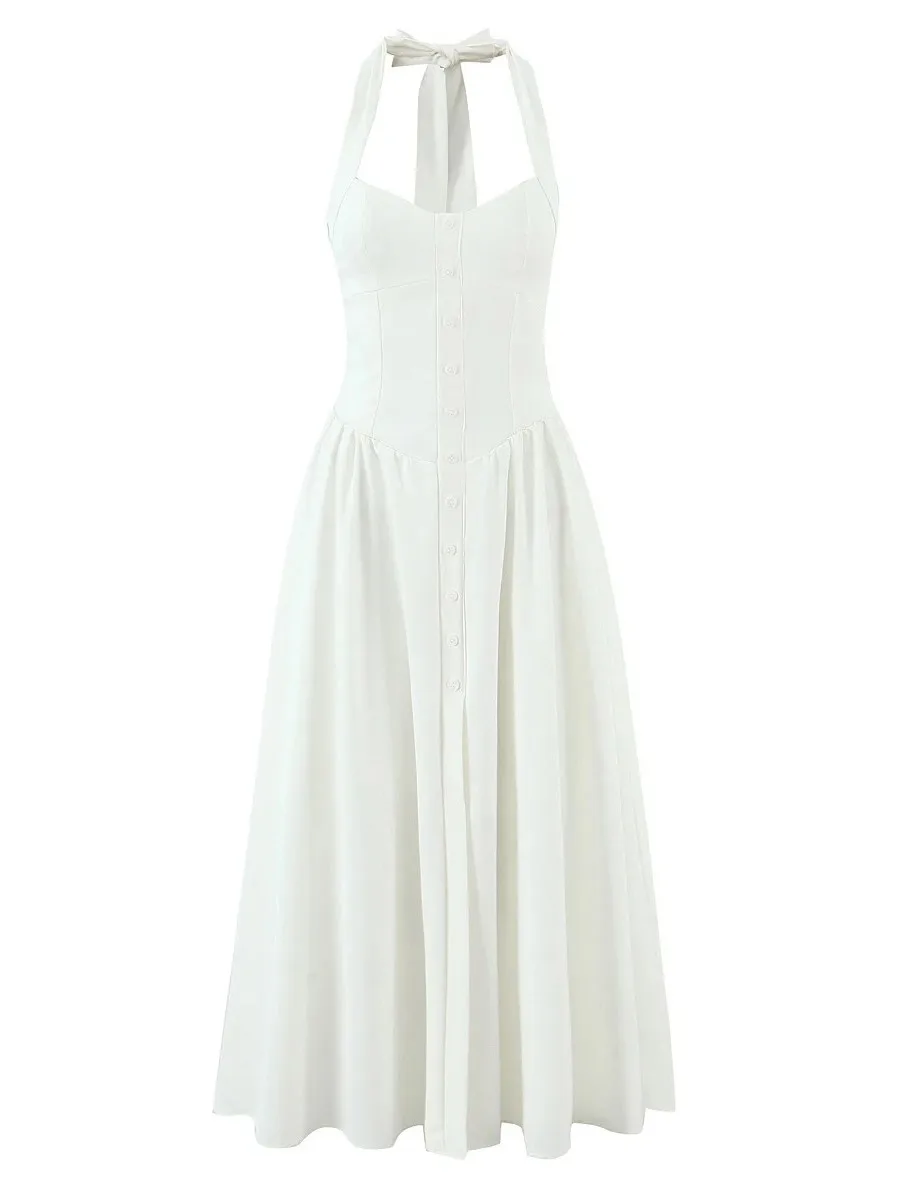 فستان TWOTWINSTYLE أبيض فرنسي أنيق هالتر للنساء برقبة على شكل قلب بدون أكمام وخصر عالٍ فساتين صيفية متوسطة الطول للسيدات #5