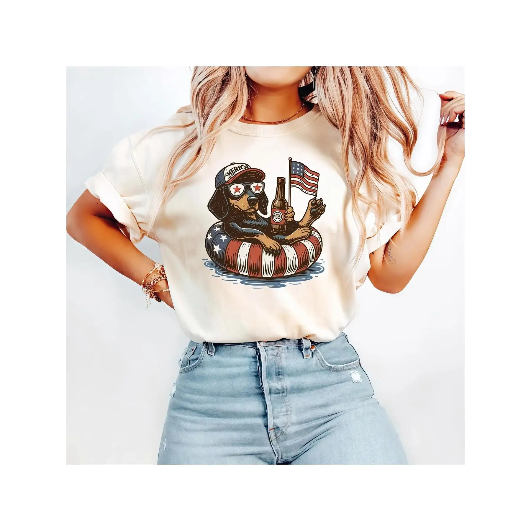 

Funny Dachshund T-shirt American Flag Graphic Tee Women's 4th of July Patriotic Summer Loose Top Beer Lover Streetwear