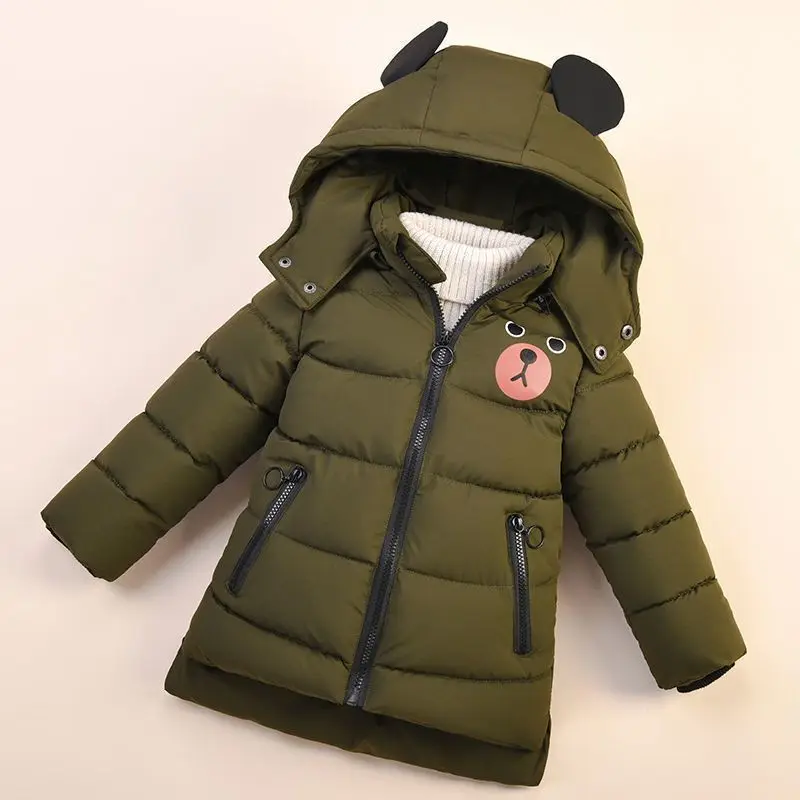 2024 Fashion Baby Boys Jacket Autumn Winter Cartoon Bear Thicken Keep Warm Hooded Down Coat For Kids 1-6 Years Child Outerwear